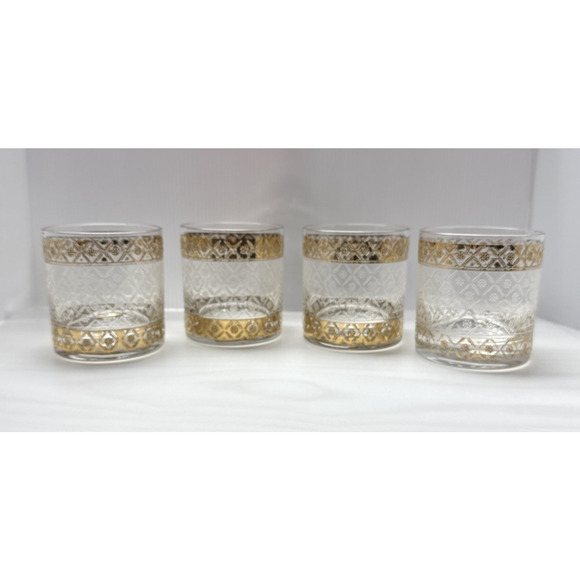 Vtg Lot of 4 Culver Glass Scintilla Village Old Fashioned Glass Rocks Gold As Is - Picture 1 of 12